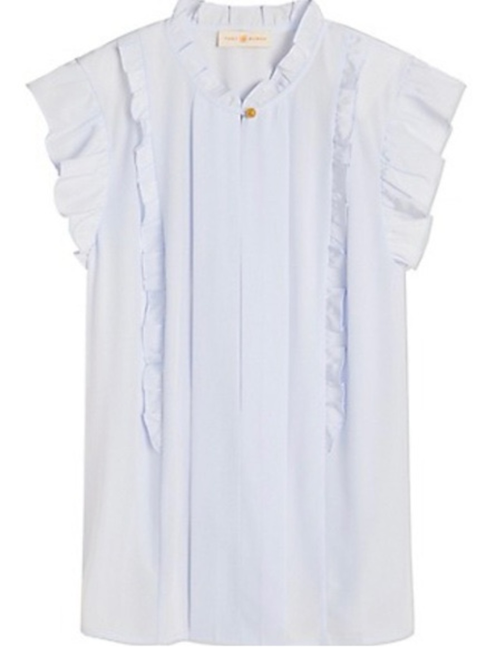 Tory Burch Pale Blue Ruffle Collar Silk Blouse with Gold Logo Button